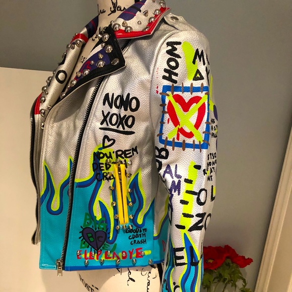 ❌SOLD❌ NWT Graffiti Punk, Rock & Roll Multi Color Graphic Spike & Rivet Moto,XL - Picture 9 of 16